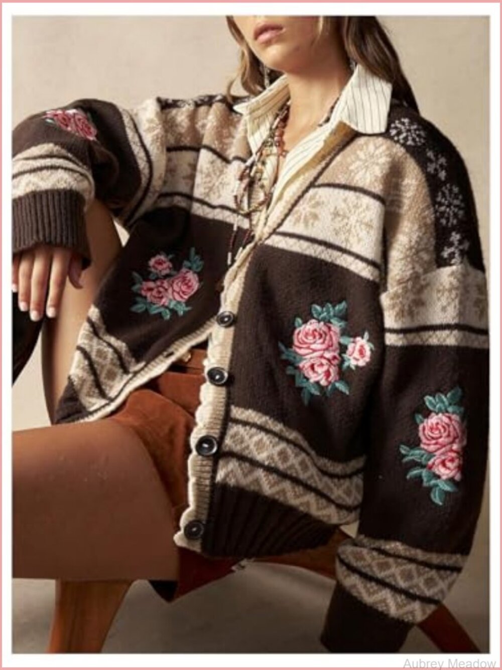Vintage Floral Fair Isle Cardigan Button Up Oversized Winter Sweater - Picture 4 of 5